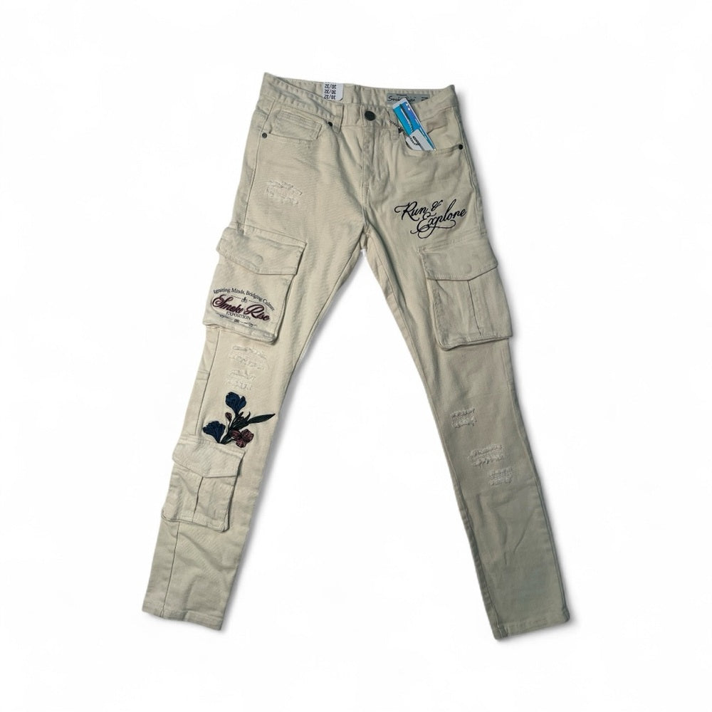 Men's Cream Cargo Jean Pants with Embroidery